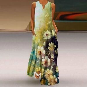 NWOT 2X Women’s Floral Flowers Ombre Sleeveless Maxi Green Teal Summer Dress